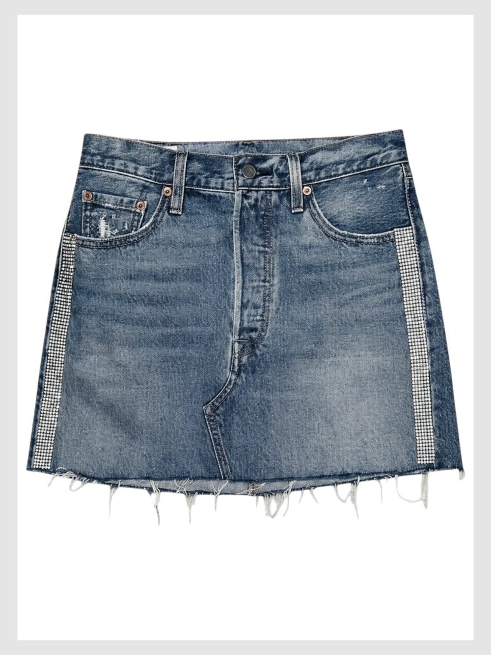 Levi’s Premium Denim Mini Skirt Blue Rhinestone Raw Hem 26 - Picture 3 of 10